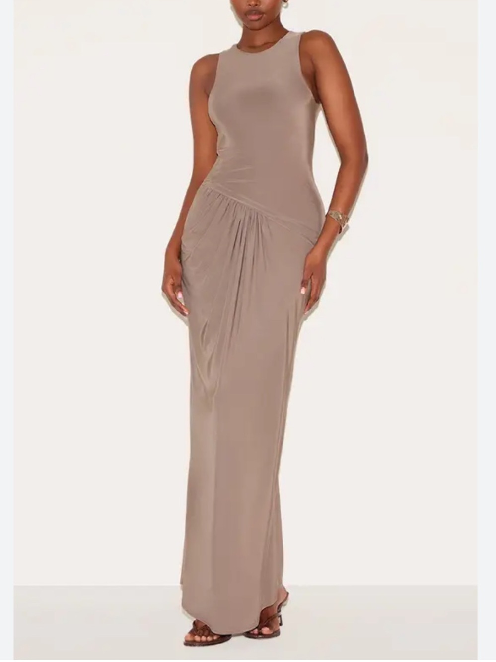 PrettyLittleThing mocha slinky double layer drop waist ruched Maxi Dress #252